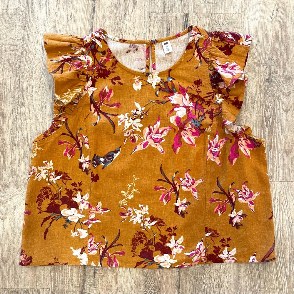 BP (Nordstrom) Ruffle Floral Bird Printed Tunic Tank - Ochre Golden Yellow - M